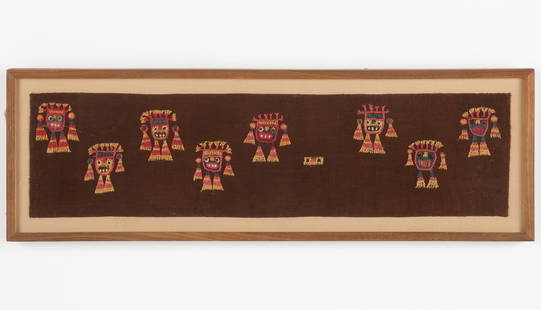 Embroidered Panel, Central Coast, Peru, 1200-1500 CE: Embroidered Panel, Central Coast, Peru, 1200-1500 CE. This well-preserved textile fragment features eight colorful cross-stitched faces of figures with pendant earplugs and six-fingered crowns, along