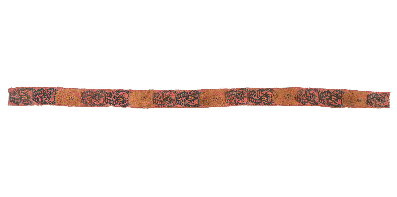 Ocucaje or Early Paracas Culture Turban or Belt Textile, South Coast, c. 600- 200 BCE: Ocucaje or Early Paracas Culture Turban or Belt Textile, South Coast, c. 600- 200 BCE. A unique depiction of the smiling Occult deity as a series of 16 segmented crustaceans, most likely crayfish, whi
