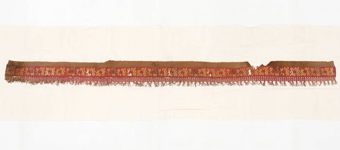 Chimu Culture Mantle Border, Central Coast, 1200-1550 AD: Chimu Culture Mantle Border, Central Coast, 1200-1550 AD. This complete tapestry border features repeated profile images of a feline with a triangular tail, alternating in direction to reflect the