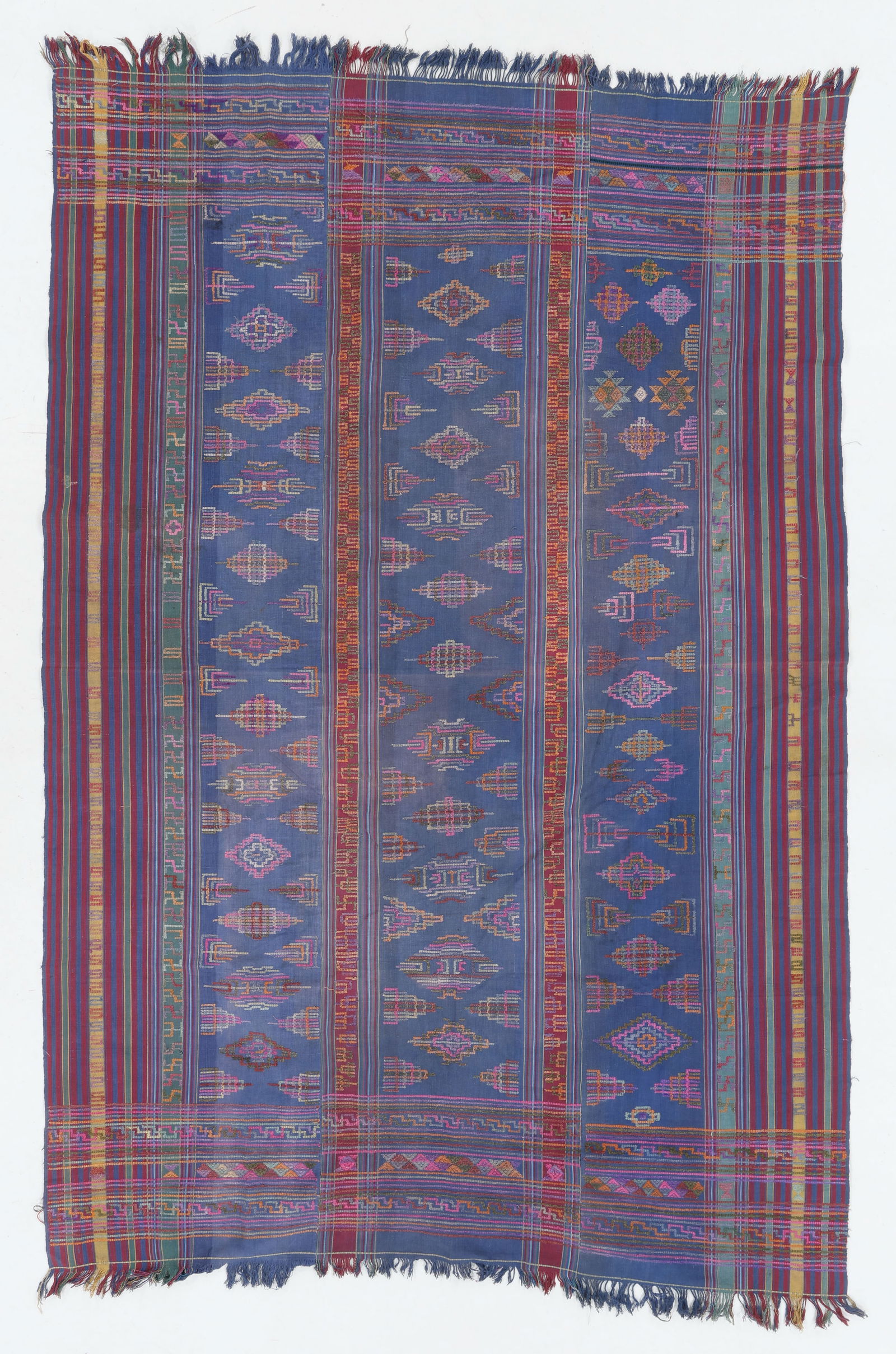 Bhutanese Woman's Ngosham Kira Textile, Early 20th C.: Bhutanese Woman's Ngosham Kira Textile, Early 20th C. Cotton and silk with supplementary weft patterning. Kira textiles are worn by women as the national dress. Size: 4'8'' x 7'0'' (142 x 213 cm).