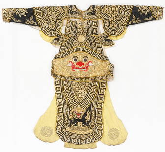 Chinese Opera Wu Sheng Warrior Costume, Early/Mid 20th C.: Chinese Opera Wu Sheng Warrior Costume, Early/Mid 20th C. Silk and gilt embroidery on silk. Size: 5'5'' x 4'11'' (165 x 150 cm). From the Nina Sidley Collection of International Textiles and Folk Art.