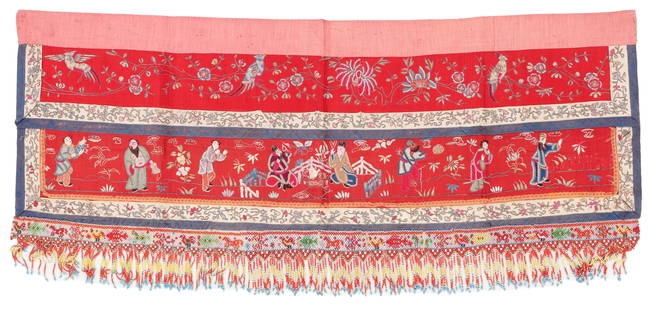 Straits Chinese Embroidered Silk Wedding Bed Valance, Early 20th C.: Straits Chinese Embroidered Silk Wedding Bed Valance, Early 20th C. Silk embroidery on silk with beaded fringe; cotton. Size: 3'5'' x 1'2'' (104 x 36 cm).