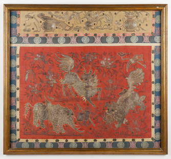 Framed Chinese Silk Embroidery, Qing Dynasty, 19th C.: Framed Chinese Silk Embroidery, Qing Dynasty, 19th C. Silk embroidery featuring Fu lions and an elephant with gold and silver wrapped threads. Size: 2'9'' x 3'0'', 84 x 91 cm (stretcher); 3'0'' x