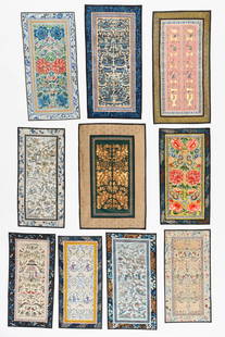 Group of 10 Chinese Silk Embroidered Sleeve Panels: Group of 10 Chinese Silk Embroidered Sleeve Panels. Silk embroidery on silk. Sizes Ranging From: 11'' x 1'11'' (28 x 58 cm); To: 1'4'' x 2'1'' (41 x 64 cm). Provenance: Collection of Brooke and Dov