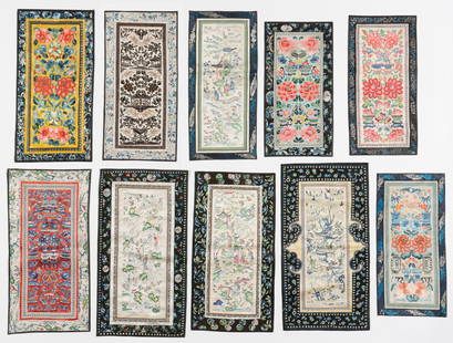 Group of 10 Chinese Silk Embroidered Sleeve Panels: Group of 10 Chinese Silk Embroidered Sleeve Panels. Silk embroidery on silk. Ranging From: 11'' x 1'10'' (28 x 56 cm); To: 1'2'' x 2'3'' (36 x 69 cm). Provenance: Collection of Brooke and Dov Jaron,
