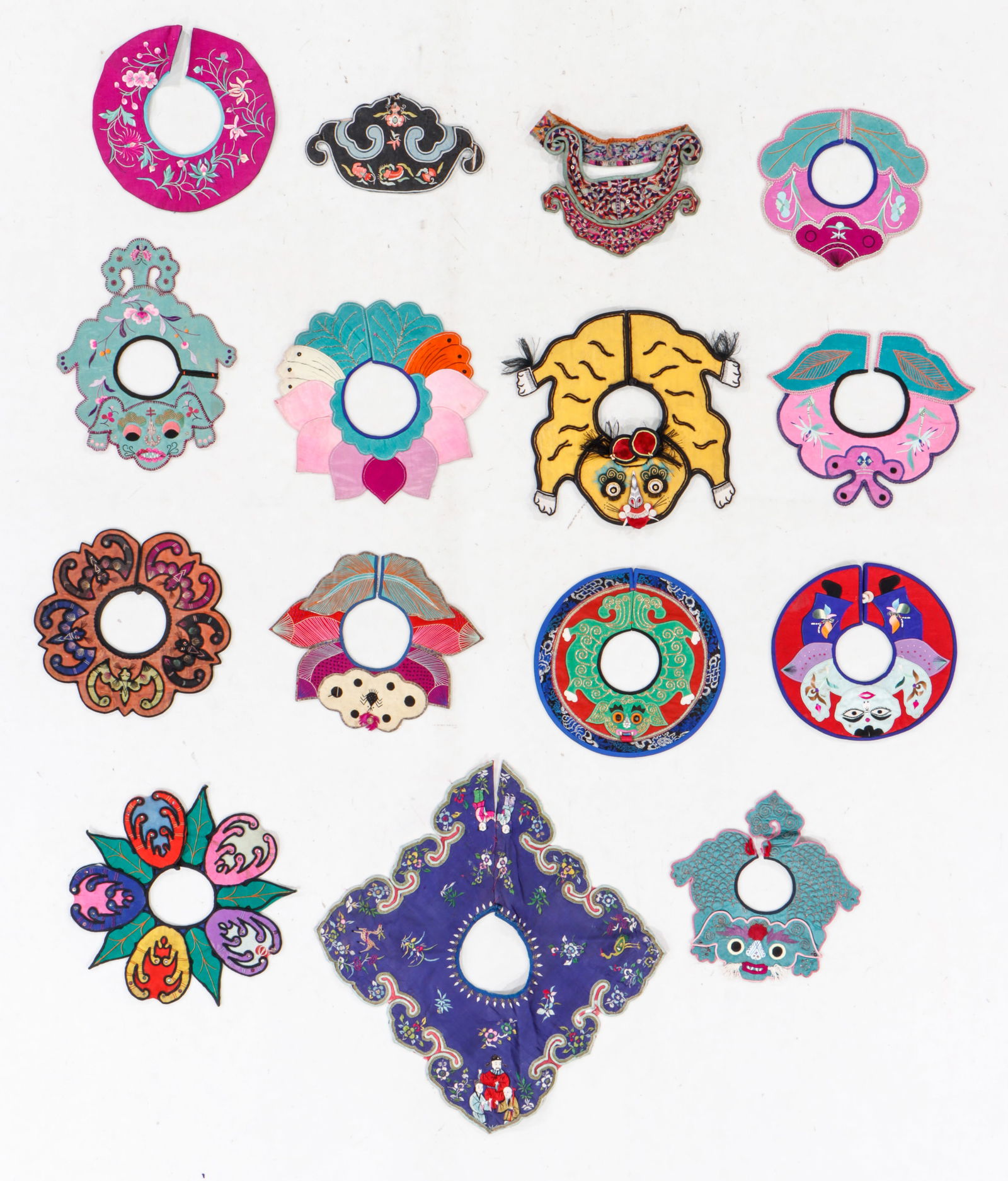 15 Chinese Silk Embroidered Child's Garment Collars: 15 Chinese Silk Embroidered Child's Garment Collars. Silk embroidery on silk. Sizes Ranging From: 8'' x 5'' (20 x 13 cm); To: 8'' x 5'' (20 x 13 cm); To: 1'1'' x 1'1'' (33 x 33 cm). Provenance: Collec