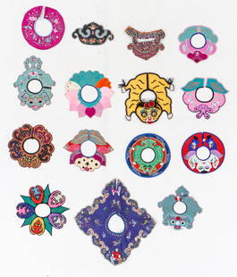 15 Chinese Silk Embroidered Child's Garment Collars: 15 Chinese Silk Embroidered Child's Garment Collars. Silk embroidery on silk. Sizes Ranging From: 8'' x 5'' (20 x 13 cm); To: 8'' x 5'' (20 x 13 cm); To: 1'1'' x 1'1'' (33 x 33 cm). Provenance:
