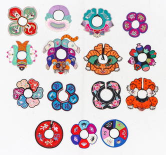 15 Chinese Silk Embroidered Child's Garment Collars: 15 Chinese Silk Embroidered Child's Garment Collars. Silk embroidery on silk with tassels. Sizes Ranging From: 8'' x 8'' (20 x 20 cm); To: 1'0'' x 1'0'' (30 x 30 cm). Provenance: Collection of