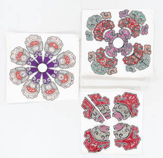 3 Chinese Yunjian Cloud Collars, Qing Dynasty: 3 Chinese Yunjian Cloud Collars, Qing Dynasty. Silk embroidery on silk. Adhered to paper backing. Sizes Ranging From: 2'4'' x 2'4'' (71 x 71 cm); To: 2'9'' x 2'9'' (84 x 84 cm). Provenance: