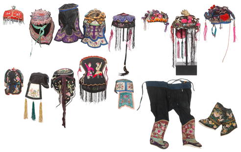 Group of Chinese Silk Children's Hats (15), Early 20th C.: Group of 15 Chinese Silk Children's Hats, Early 20th C. Silk embroidery, metal embellishments, silk, cotton. Sizes Ranging From: 3'' x 6'' (8 x 15 cm); To: 11'' x 1'6'' (28 x 46 cm). Provenance: