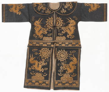 Miao Dragon Festival Musician's Robe, Guizhou, China, Mid 20th C.: Miao Dragon Festival Musician's Robe, Guizhou, China, Mid 20th C. glazed, indigo dyed cotton with embroidery. Size: 4'10'' x 4'0'' (147 x 122 cm). From the Nina Sidley Collection of International