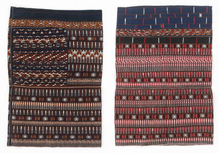 Li Ha Tube Skirt Textiles (2), Late 20th/Early 21st C.: Li Ha Tube Skirt Textiles (2), Late 20th/Early 21st C. Made of four horizontal bands; two strips of cotton fabric with supplementary weft inlay in silk thread and supplementary warp float in cotton