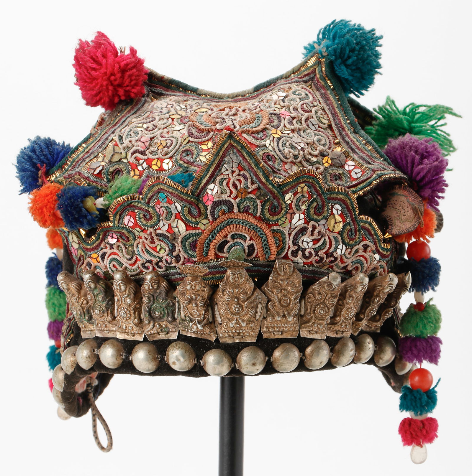 Vintage Chinese Miao Embroidered and Silver Decorated Child's Hat (1 of 6)