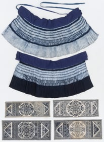 Miao Indigo-Dyed Pleated Skirts and Cross-Stitched Textiles (6), Early 20th C.