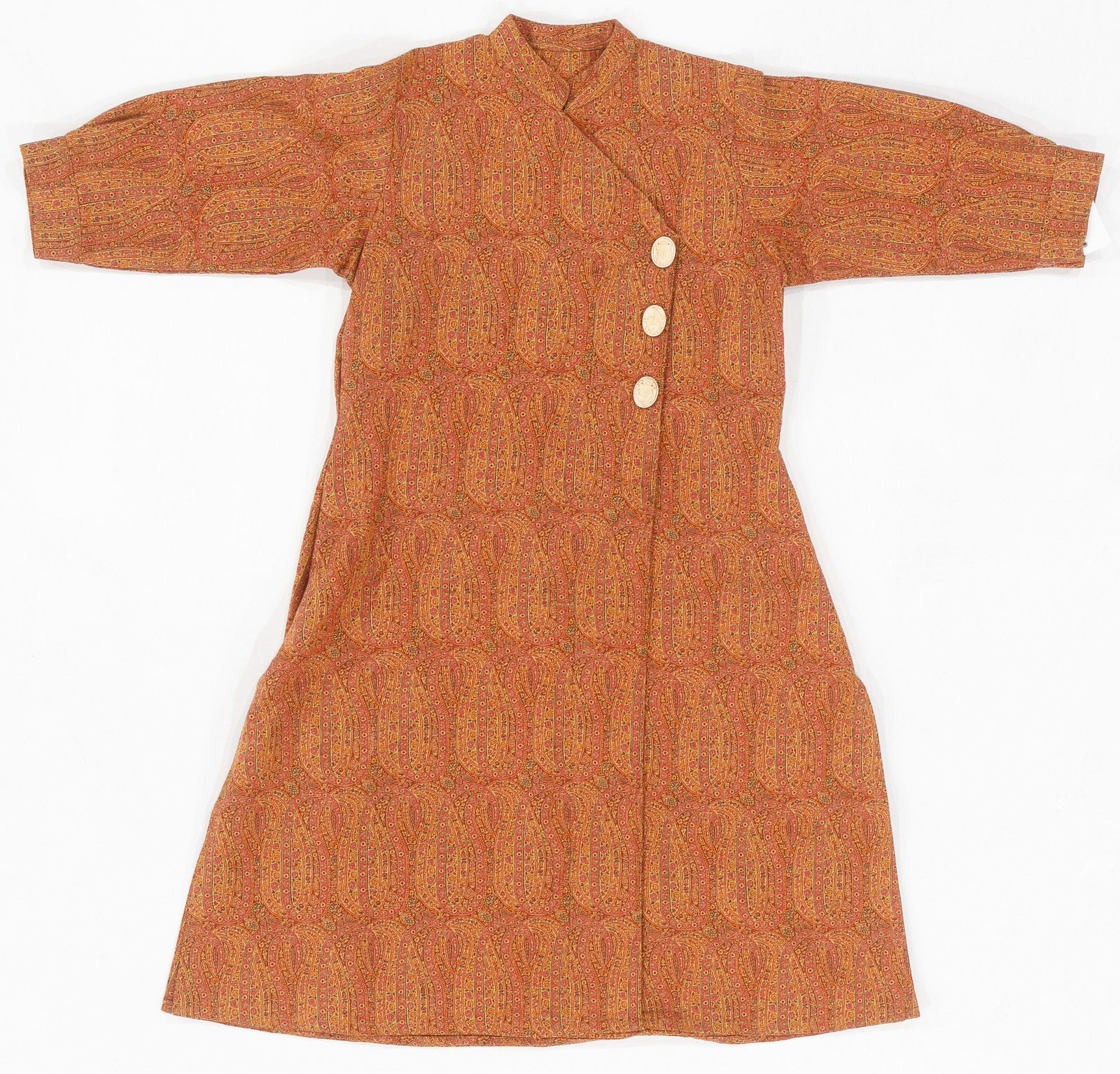 Antique Indian Paisley Kashmir Wool Kurta: Antique Indian Paisley Kashmir Wool Kurta. Woven wool with bone buttons. Size: 3'9'' x 3'7'' (114 x 109 cm)