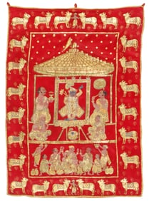 Antique Hindu Pichwai Painting with Gold Leaf, Rajasthan, India