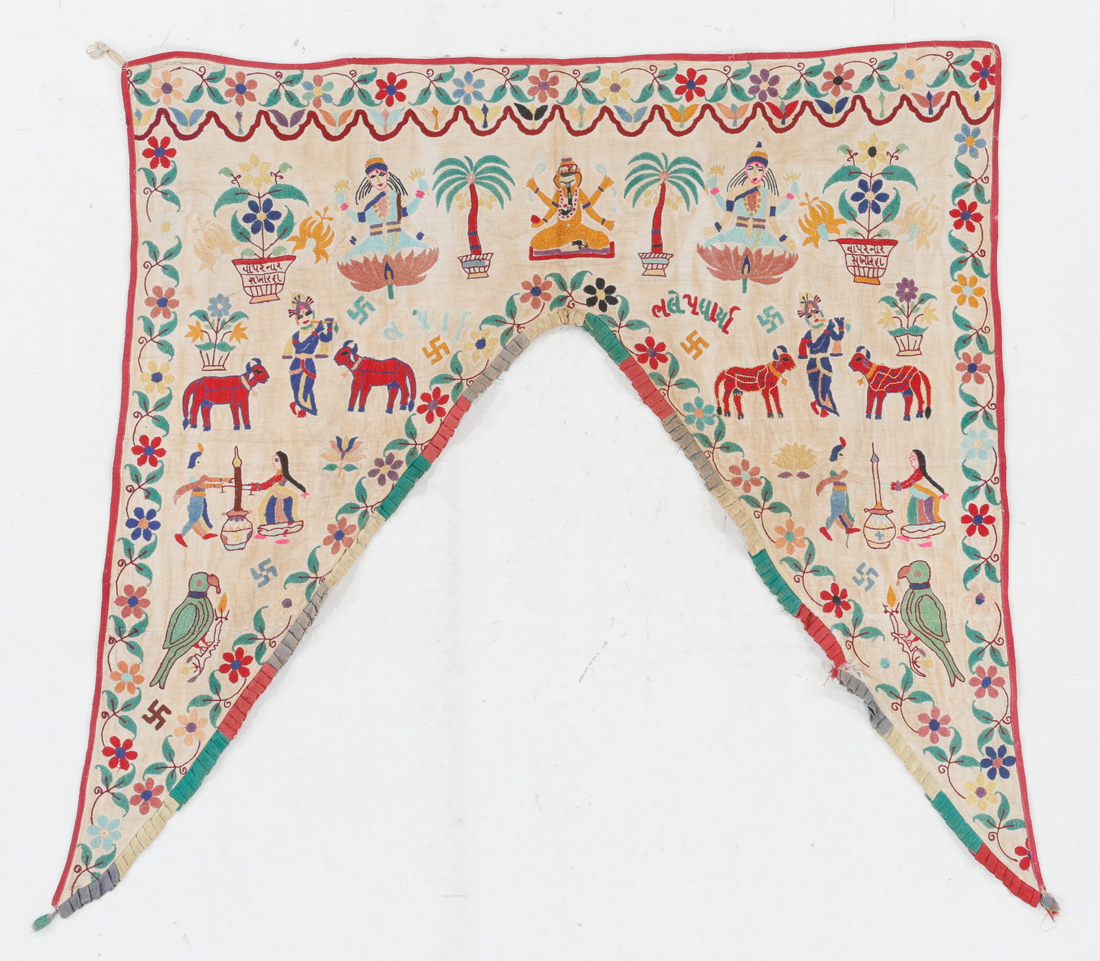 Kutch Embroidered Toran Door Valance, India, Early 20th C.: Kutch Embroidered Toran Door Valance, India, Early 20th C. Cotton embroidery on cotton. Size: 3'5'' x 3'4'' (104 x 102 cm).