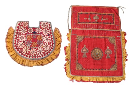 Two Handstitched Embroidered Textiles Including Hand Fan, India, Early-Mid 20th C.