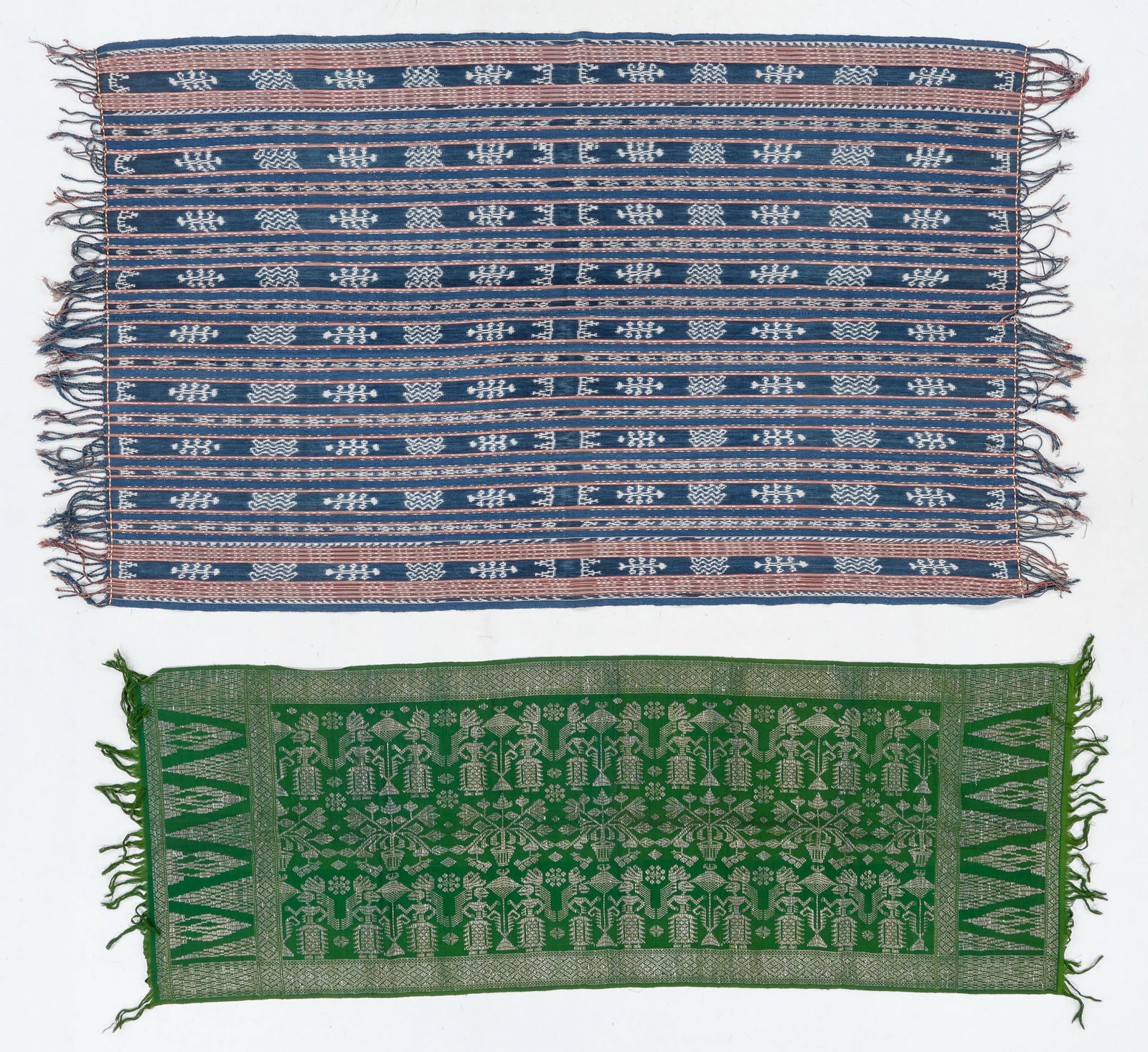 Songket and Ikat Textiles, Indonesia, Mid 20th C.: Songket and Ikat Textiles, Indonesia, Mid 20th C. Silk with songket silver-wrapped thread. Cotton warp ikat. The songket textile from Bali features a wayang kulit pattern. Sizes: 1) 3'5'' x 5'6'' (104