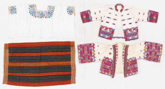 Group of Woman's Embroidered and Woven Garments, Guatemala, First Half 20th C.: Group of Woman's Embroidered and Woven Garments, Guatemala, First Half 20th C. Cotton. cotton embroidery. Bead embellishments. Lot includes two woman's jackets, a blouse, and a rebozo shawl with