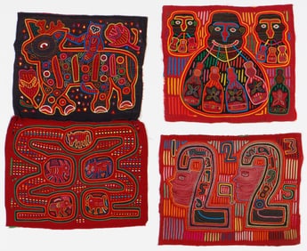 Set of 4 Panamanian Mola Textiles, San Blas Island Panama