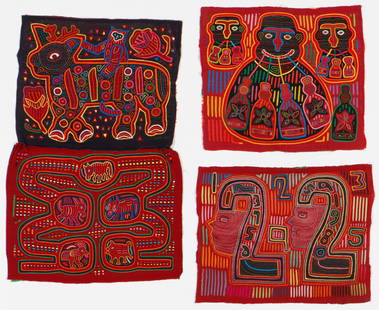 Set of 4 Panamanian Mola Textiles, San Blas Island Panama: Group of 4 Mola Textiles, San Blas Island, Panama. Bright cotton cloth, pieced and appliquéd to create abstract animals, figures and various motifs. Circa 1990's. Sizes from: 1'2'' x 1'3'' (36 x 38
