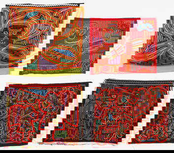 Set of 4 Panamanian Mola Textiles, San Blas Island Panama: Group of 4 Mola Textiles, San Blas Island, Panama. Bright cotton cloth, pieced and appliquéd to create abstract animals, figures and various motifs. Circa 1990's. Sizes from: 1'.5'' x 1'3.5'' (32 x
