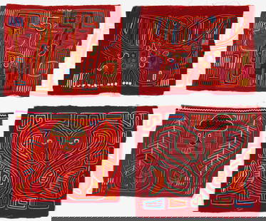 Set of 4 Panamanian Mola Textiles, San Blas Island Panama: Group of 4 Mola Textiles, San Blas Island, Panama. Bright cotton cloth, pieced and appliquéd to create abstract animals, figures and various motifs. Circa 1990's. Sizes from: 1'0'' x 1'4.5'' (30 x