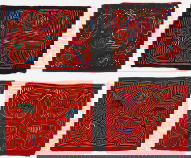 Set of 4 Panamanian Mola Textiles, San Blas Island Panama: Group of 4 Mola Textiles, San Blas, Panama. Bright cotton cloth, pieced and appliquéd to create abstract animals, figures and various motifs. Circa 1990's. Sizes from: 1'1'' x 1'2'' (33 x 36 cm) to: