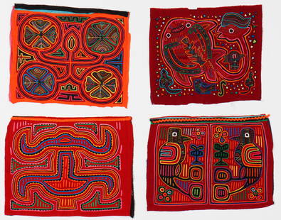 Set of 4 Panamanian Mola Textiles, San Blas Island Panama: Group of 4 Mola Textiles, San Blas, Panama. Bright cotton cloth, pieced and appliquéd to create abstract animals, figures and various motifs. Circa 1990's. Sizes from: 1'2'' x 1'4'' (36 x 41 cm) to: