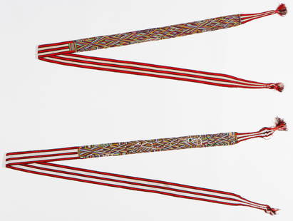 Pair of Nebaj Woman's Woven Belt Sashes, Guatemala: Pair of Nebaj Woman's Woven Belt Sashes, Guatemala. Cotton. Sizes: 1) 0'3'' x 8'4'' (8 x 254 cm); 2) 0'3'' x 9'11'' (8 x 302 cm).