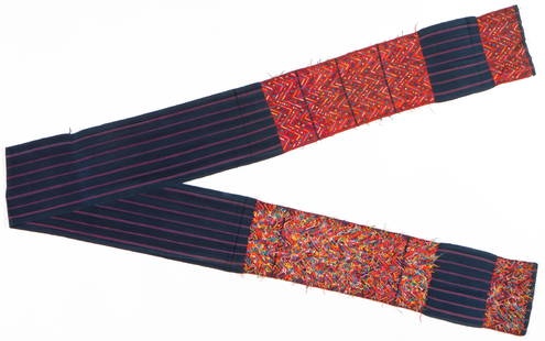 Fine Guatemala Nahuala/Quiche Belt/Faja, Circa mid-20th C.: Guatemalan Nahuala/Quiche Faja/Belt. Navy with red stripes with cotton with silk supplementary weft brocade in colorful geometrical designs. Size: 0'8.5'' x 10'8'' (22 x 325 cm).