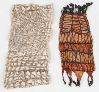 Dida Resist-Dyed Tube Skirt and Mbuti Bark Cloth: Dida Resist-Dyed Tube Skirt and Mbuti Bark Cloth. Resist-dyed raffia tube skirt, some pompom tassels are loose/detached, and a Mbuti bark cloth with pigment. 1) 1'2'' x 2'5'' (36 x 74 cm) 2)3'1'' x
