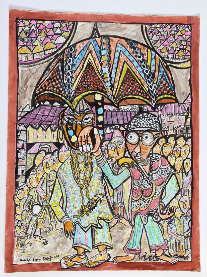 Prince Twins Seven Seven (Nigerian, 1944-2011): Prince Twins Seven Seven (Nigerian, 1944-2011), ink, watercolor, acrylic on paper. Signed and dated lower right "Twins Seven Seven, 2005"; Titled lower left "King & his Subjects". Literature: See Henr