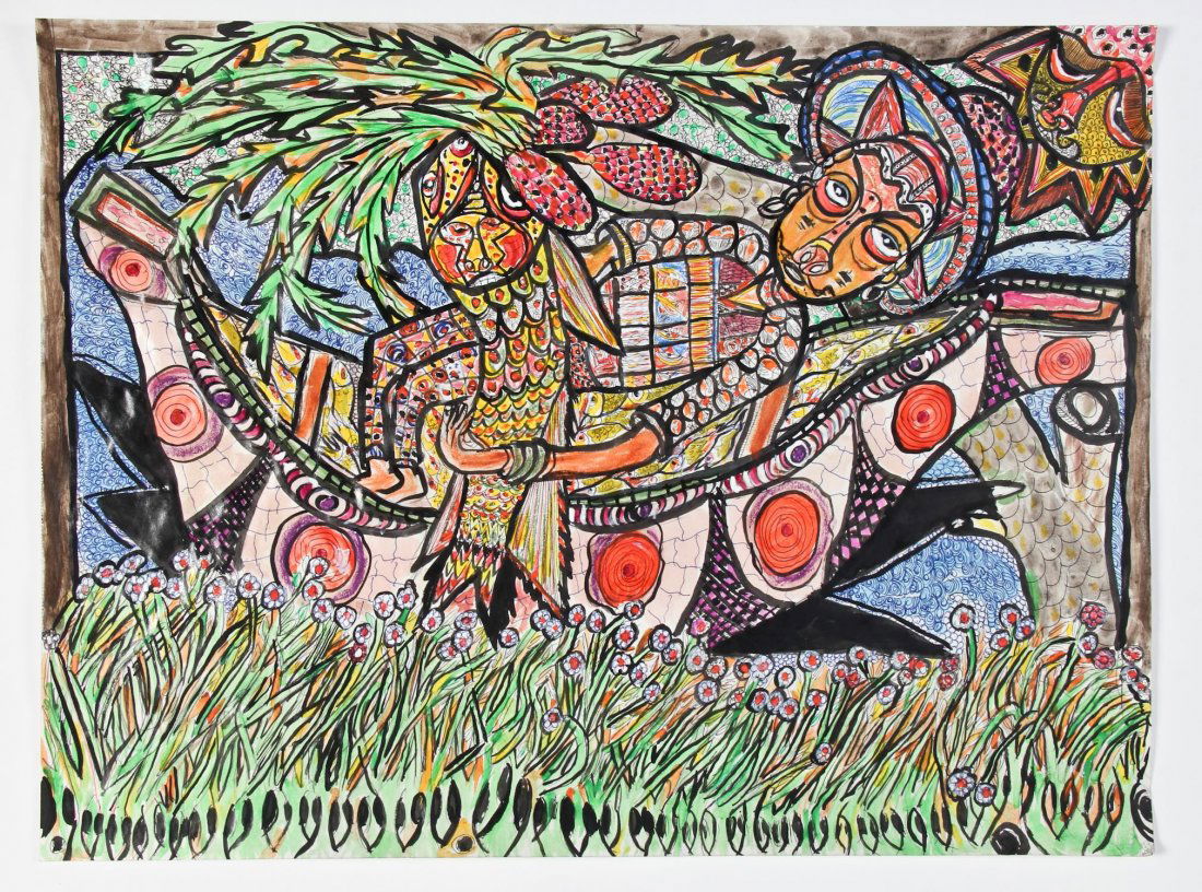 Prince Twins Seven Seven (Nigerian, 1944-2011): Prince Twins Seven Seven (Nigerian, 1944-2011), ink, watercolor, acrylic on paper, Signed and dated lower right, Untitled. Literature: See Henry Glassie, "Prince Twins Seven-Seven: His Art, His Life I