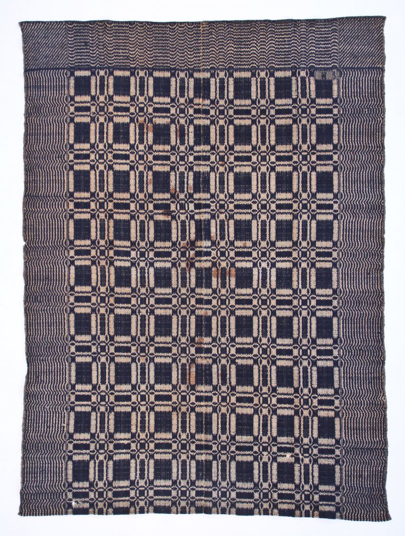 American Blue and White Coverlet: American Blue and White Coverlet, 19th c. Size: 5'3"x7'3" (160 x 220 cm).