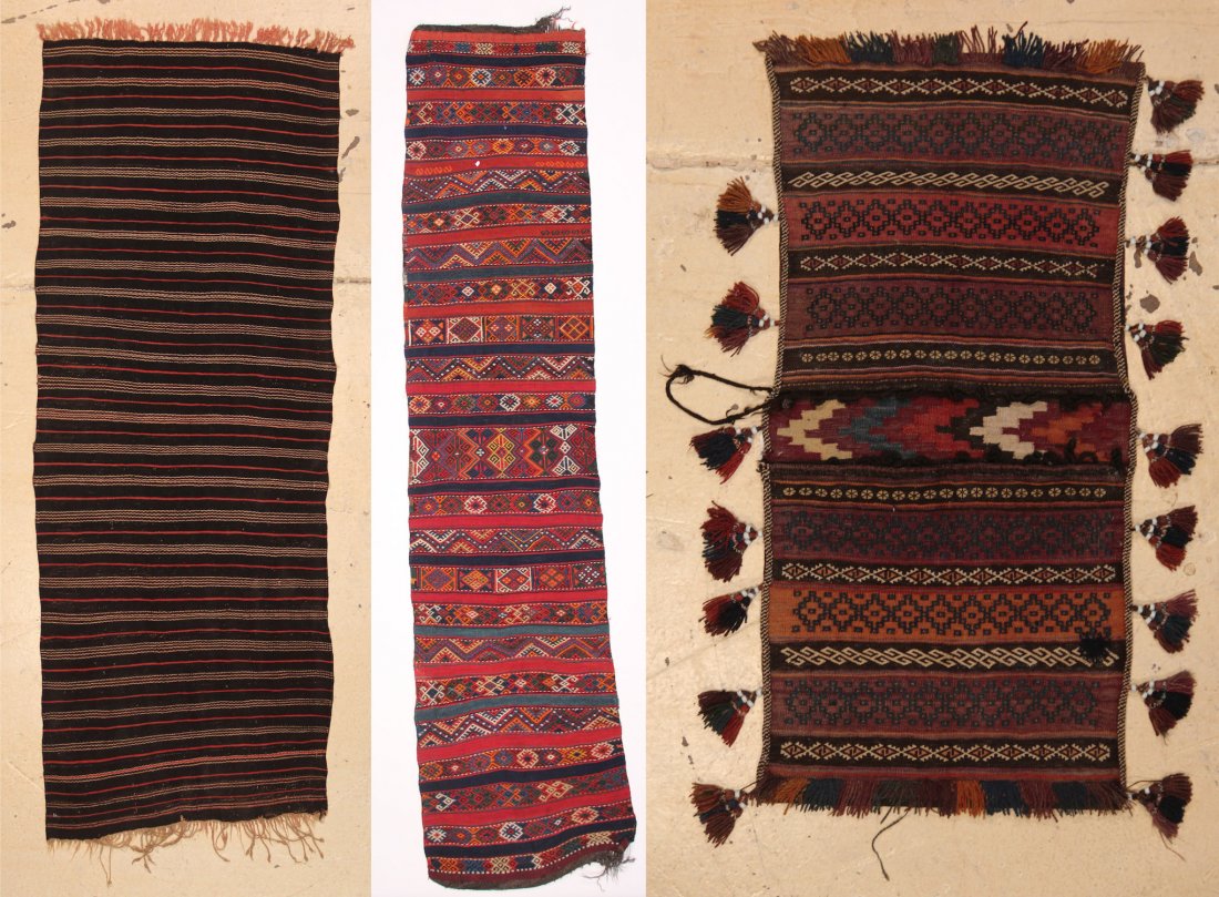 Three Vintage Turkish and Afghan Flatweaves: Three Vintage Turkish and Afghan Flatweaves. Size: 2'4" x 6'0", 2'4" 9'6", & 1'9" x 3'8". Provenance: Jane Steinsnyder.