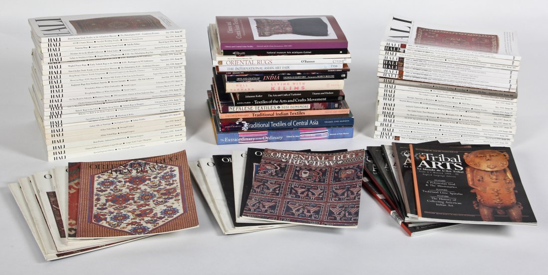 Group of Books and Periodicals: Group of Books and Periodicals: 12 Rug Textile Books, 48 Hali Magazines, 14 Oriental Rug Reviews, 6 Tribal Arts Magazine. Provenance: Gary McKinnisBook titles include: Chinese and Central Asian Textil
