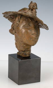 Dorothea Greenbaum (American, 1893-1986): Dorothea Greenbaum (American, 1893-1986) "Shade Hat," bronze bust, 1971, from an edition of 6. On plastic base. Size: 5.5" (14 cm); Height on base: 8" (20 cm). Provenance: Collection of Dr. and Mrs. A