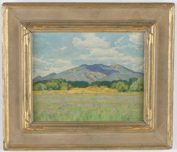Ernest Martin Hennings (American, 1886-1956) Landscape, 7.5" x 9.5": Ernest Martin Hennings (American, 1886-1956) Landscape, oil painting on canvas board, signed lower right: E.M. Hennings. Framed. Size: 7.5'' x 9.5'', 19 x 24 cm (sight); 12.75'' x 14.75'', 32 x 37 cm