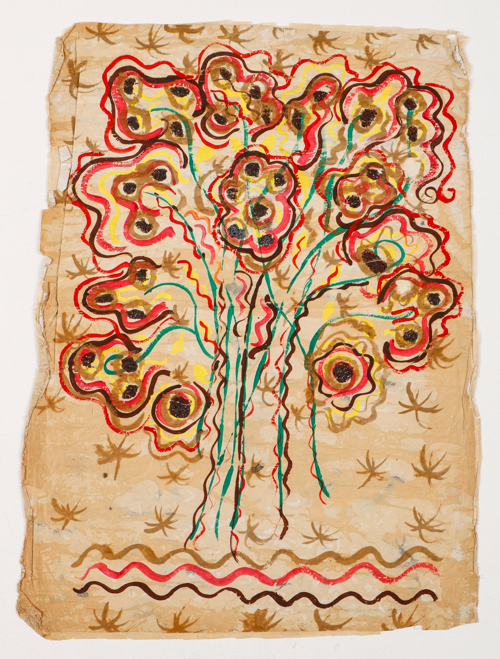 Eve Peri (American, 1897-1966) "Flowers": Eve Peri (American, 1897-1966) "Flowers", watercolor painting on tissue with glitter. Unframed. Size: 27.5'' x 20'', 70 x 51 cm (sheet).