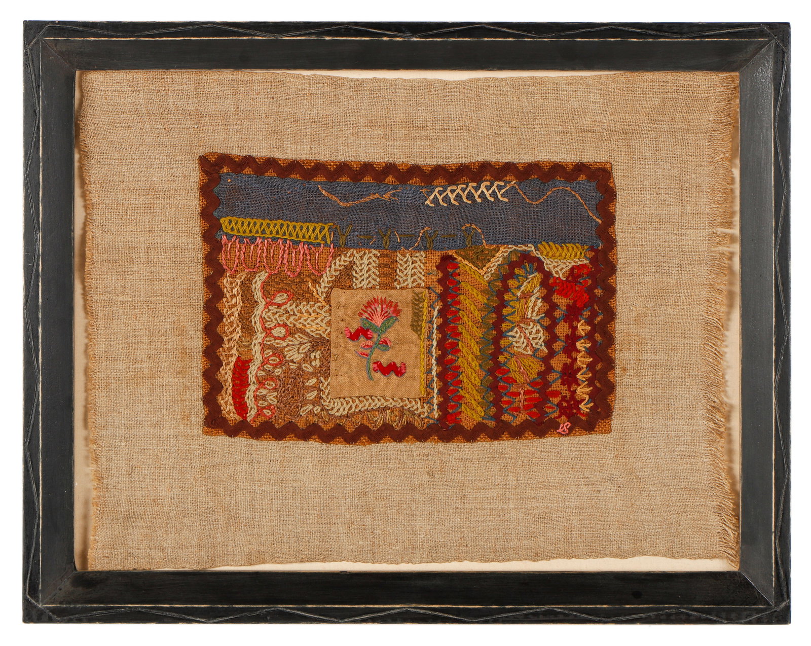 Eve Peri (American, 1897-1966) Untitled Embroidery, 1940: Eve Peri (American, 1897-1966) Untitled, Embroidery, 1940, embroidered signature. Framed. Size: 8'' x 12.5'', 20 x 32 cm (artwork); 18.25'' x 23.25'', 46 x 59 cm (frame).