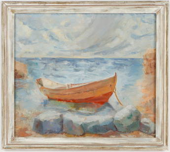 Edwin W. Owens (20th c.) "Rocks and Dory": Edwin Owen (American, 20th c.) "Rocks and Dory", oil painting on board. Framed. Size: 17.25'' x 19.5'', 44 x 50 cm (sight); 20.75'' x 23.25'', 53 x 59 cm (frame). Provenance: ex. Francis C. Tucker (19