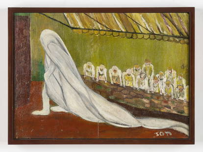 Jon Serl (American/California) Parade, Outsider Art/Folk: Jon Serl (American/California, 1894-1993) "Parade", oil painting on found plywood, signed. Framed. Size: 14.5'' x 20'', 37 x 51 cm (board); 15.75'' x 21.25'', 40 x 54 cm (frame). Provenance: Francisca
