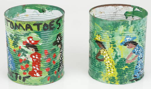 "Missionary" Mary L. Proctor Folk/Outsider Art, Painted Tomato Cans: "Missionary" Mary L. Proctor (American, b. 1960)Two Painted Tomato Cans, recycled, each signed. Each Size: 7'' x 6'' x 6'' (18 x 15 x 15 cm). Inscribed: "Tomatoes are Healthy" and "Collard Greens A He