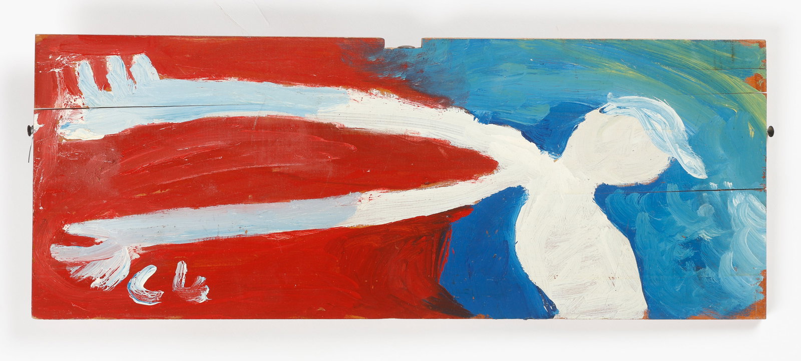 Charlie Lucas (American/Alabama) "Reaching Out". Self-taught Folk: Charlie Lucas (American/Alabama, b. 1951) "Reaching Out," oil painting on board, signed. Unframed. Size: 8'' x 21'', 20 x 53 cm (wood board). Incorporating foraged, found and discarded objects- quilts