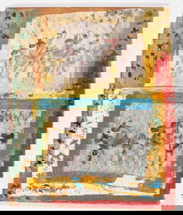 Purvis Young (American, 1943-2010) 36" x 30": Purvis Young (American, 1943-2010) Mixed media assemblage painting on board, canvas, paper and fabric, signed. Unframed. Size: 36.5'' x 30.5'' (93 x 77 cm).