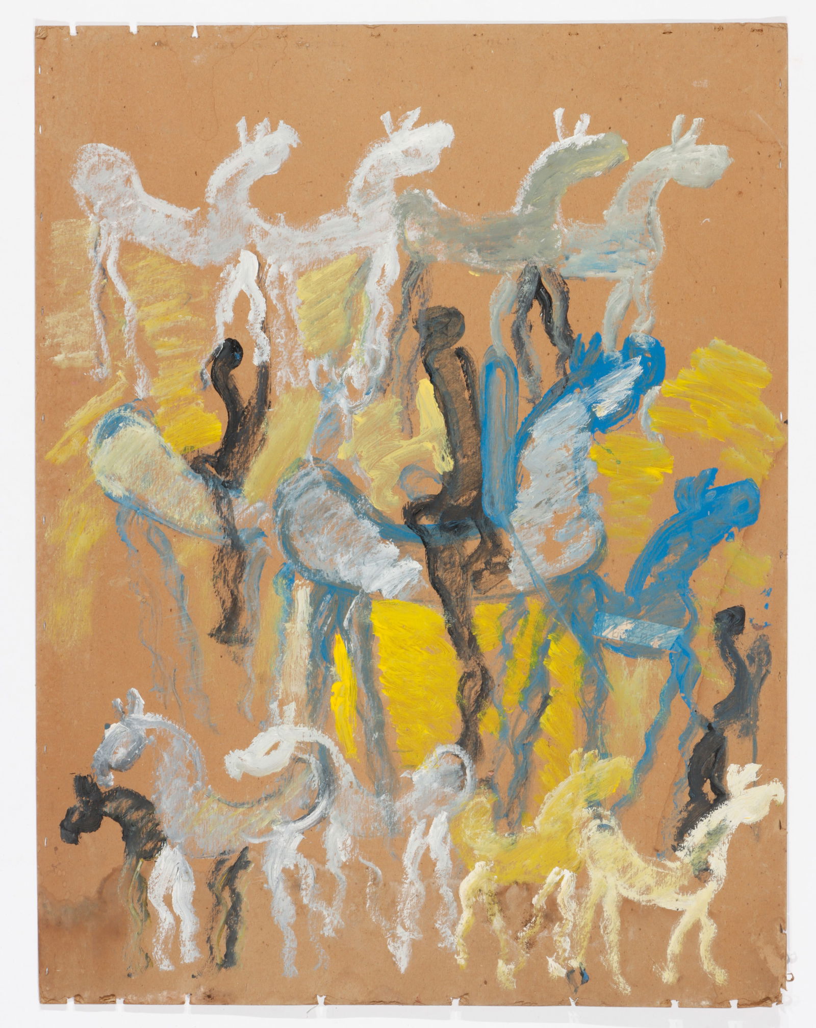 Purvis Young (American, 1943-2010) 38" x 29": Purvis Young (American, 1943-2010) Mixed media painting on cardboard, unsigned. Unframed. Size: 38'' x 29'' (97 x 74 cm).