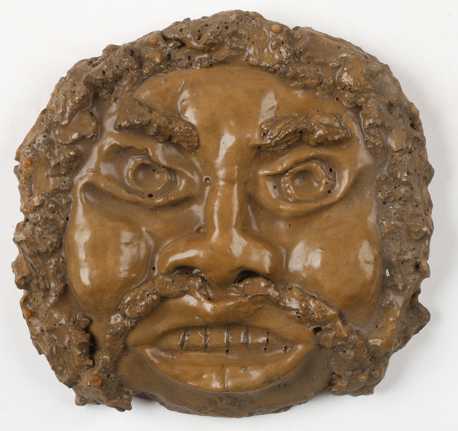 Southern Folk Art Pottery Face Plaque, 9" x 9": Southern Folk Art Pottery Face Plaque. Size: 9'' x 9'' x 1.5'' (23 x 23 x 4 cm). Provenance: Private NJ Collection.