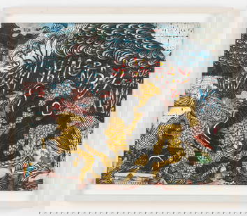 J.J. Cromer (American) Folk, Outsider Art Drawing, Collage, 2016: J.J. Cromer (American, b. 1967) "We'll Find a House to Warm", initialed and dated 2016, mixed media collage on paper. Framed (new frame with plexiglass). Size: 14'' x 16.5'', 36 x 42 cm (sheet); 16.5'